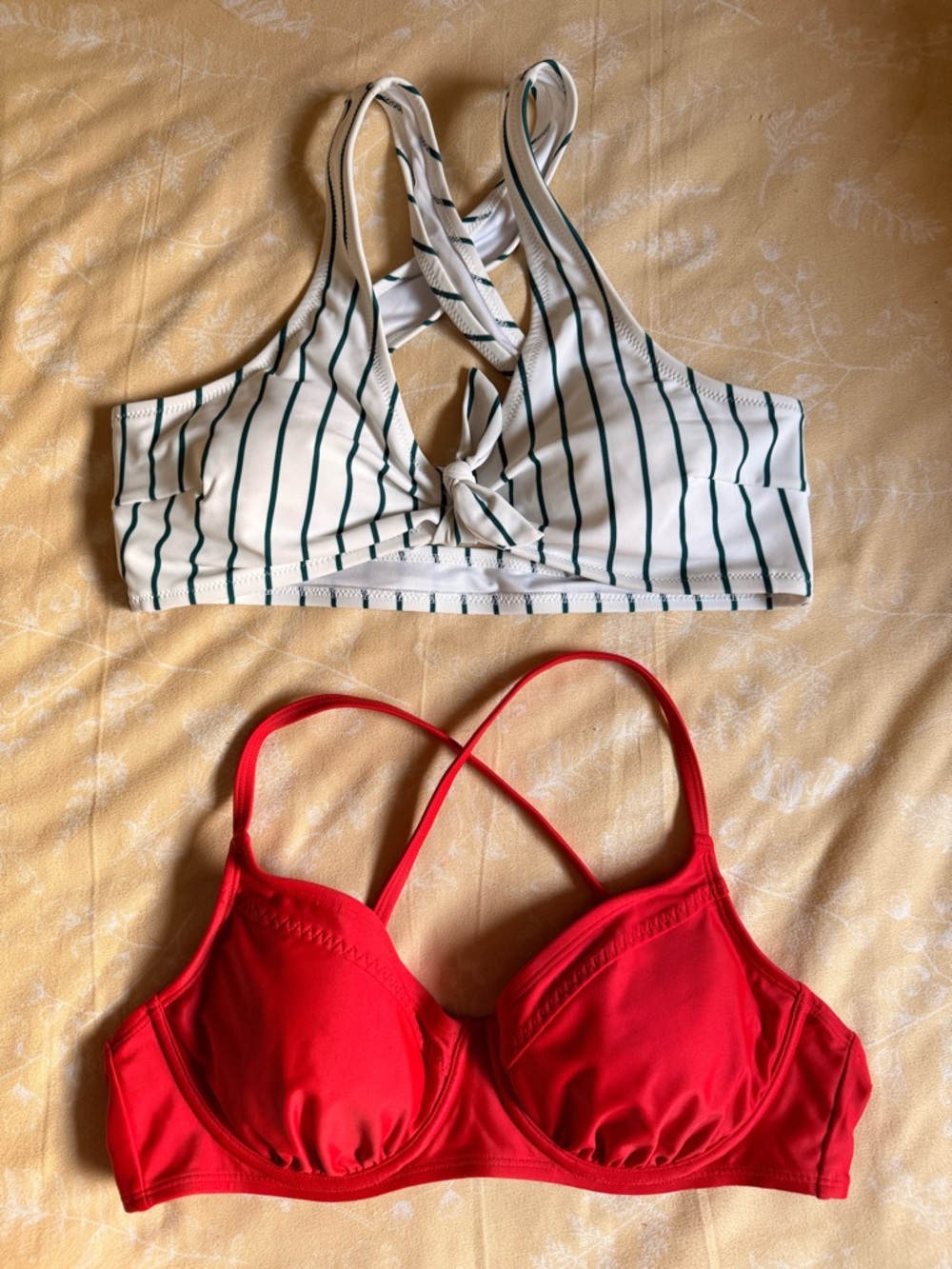 CUPSHE White & Green Striped Bikini Top + Athleta Red Bikini Top Bundle